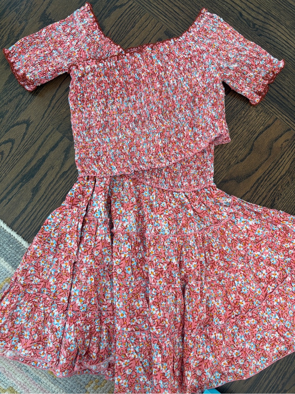 Poupette St. Barth Coral Pink Floral Smocked Off-Shoulder Dress